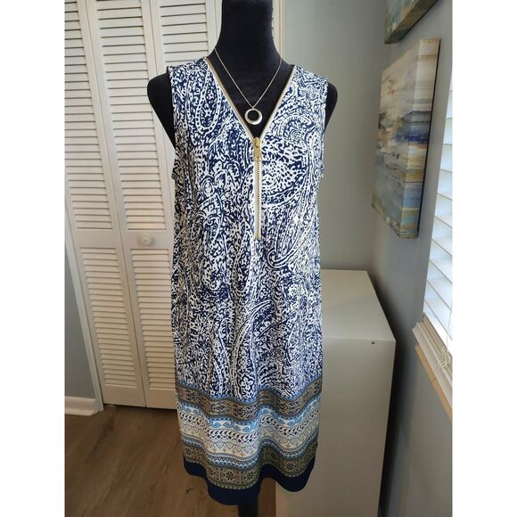 MSK Petite Sleeveless Jersey Dress Nautical Coastal Navy Gold Zipper Size Small - Picture 1 of 8